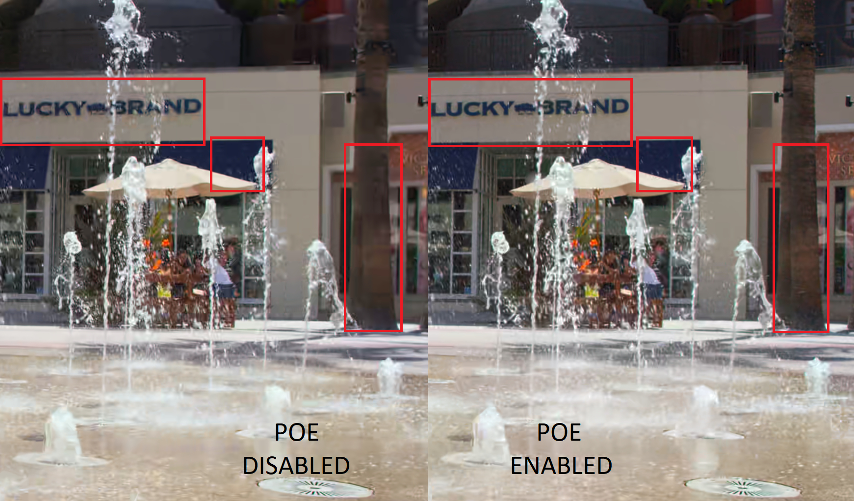 A picture showing comparison between encoding for PSNR maximization and perceived quality or Perceptually Optimized Encoding (POE) maximization