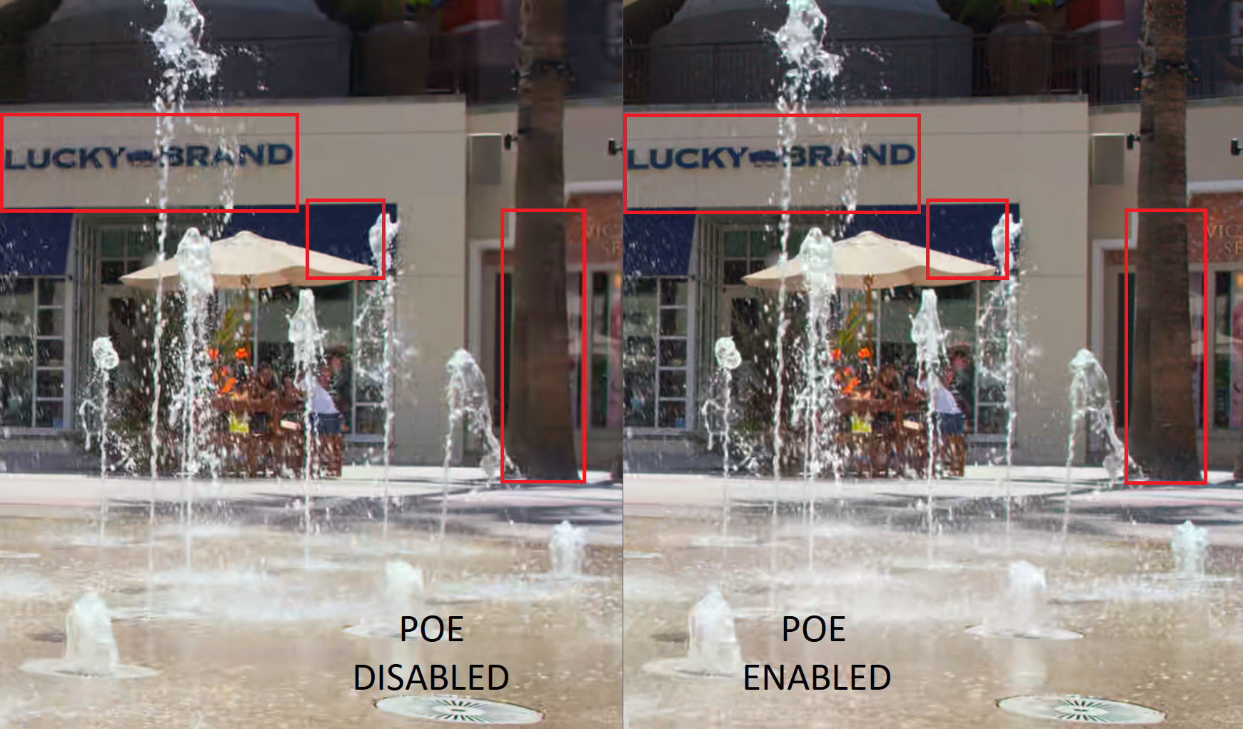 An example showing a visual comparison of a ToddlerFountain picture encoded by Spin Digital VVC without Perceptually Optimized Encoding (POE) and with POE.