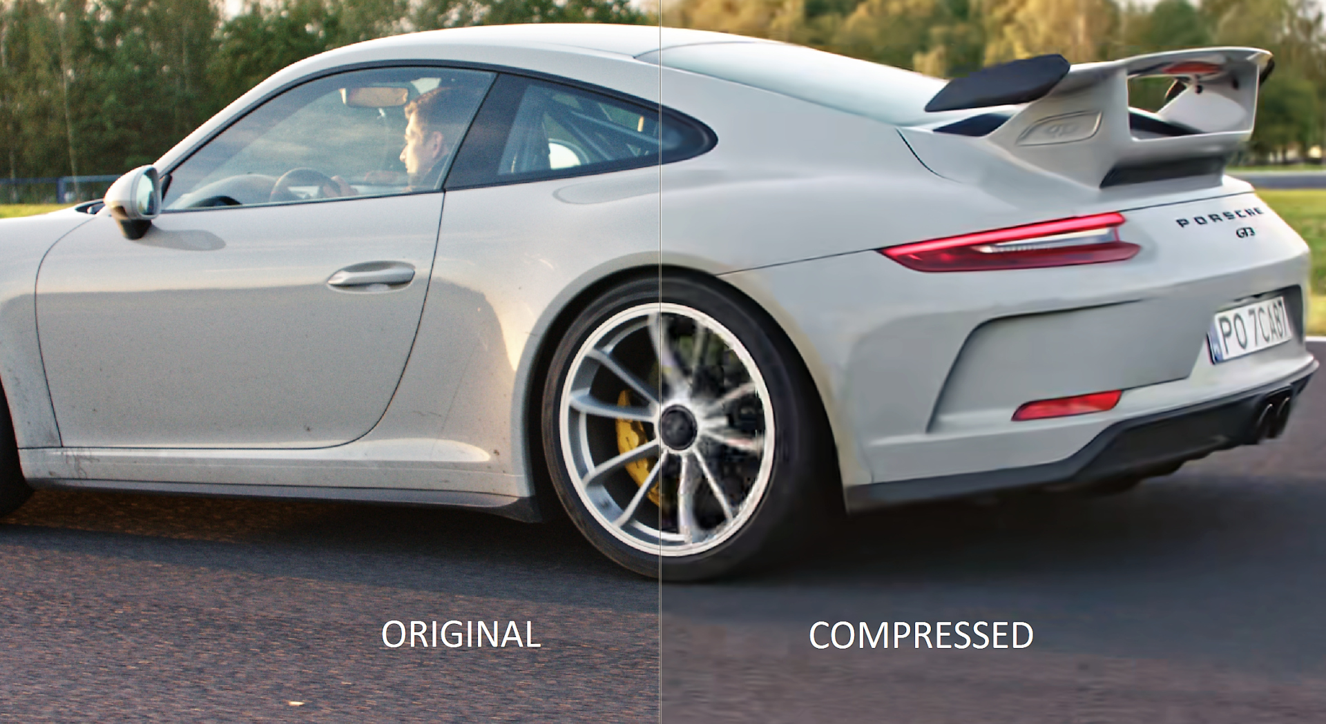 An image showing a comparison between an original video and a compressed video with or without Perceptually Optimized Encoding (POE).